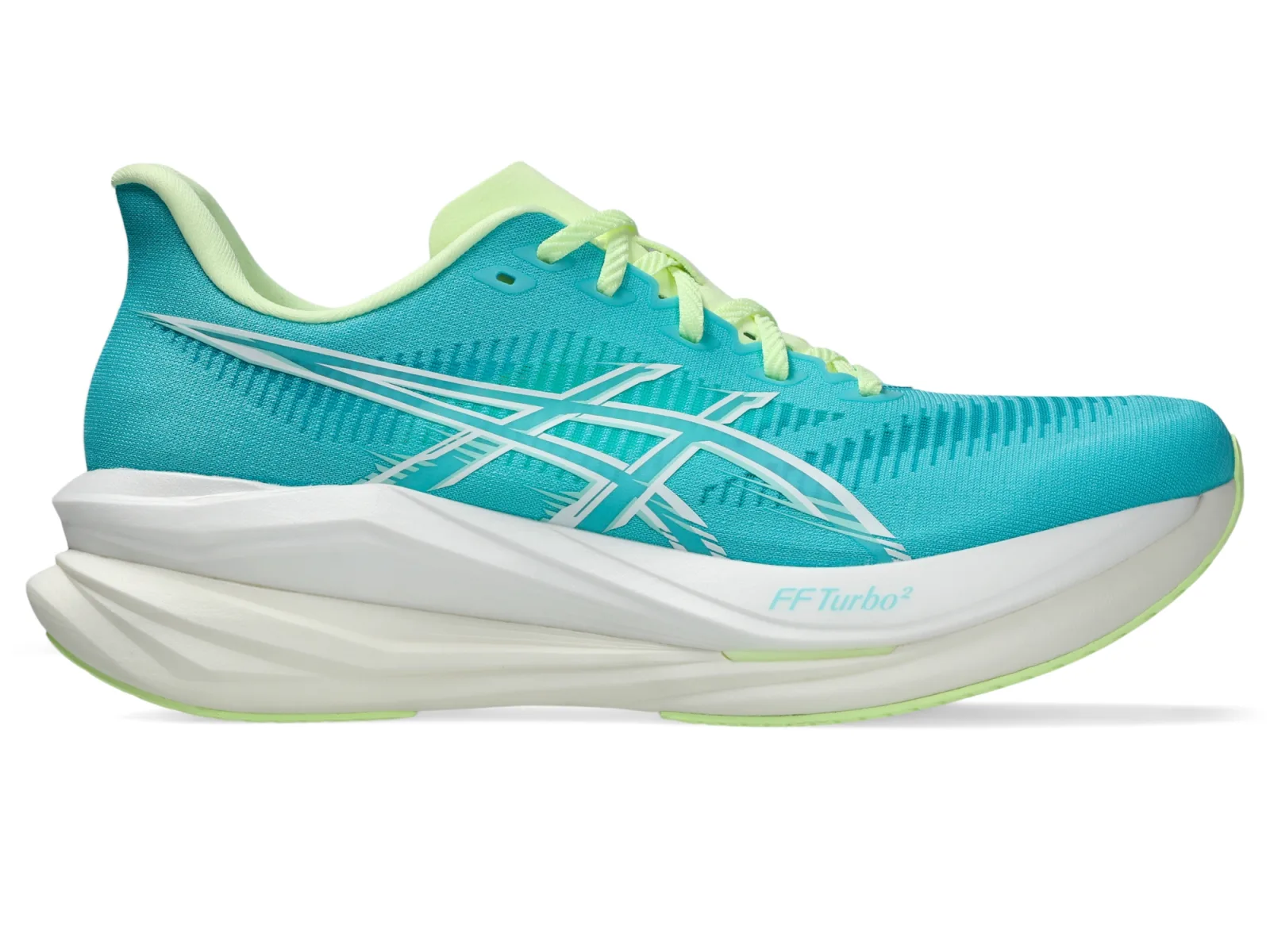 Side view of the ASICS Sonicblast 2 running shoe in aqua with a lime collar and laces and a tall white two-layer midsole