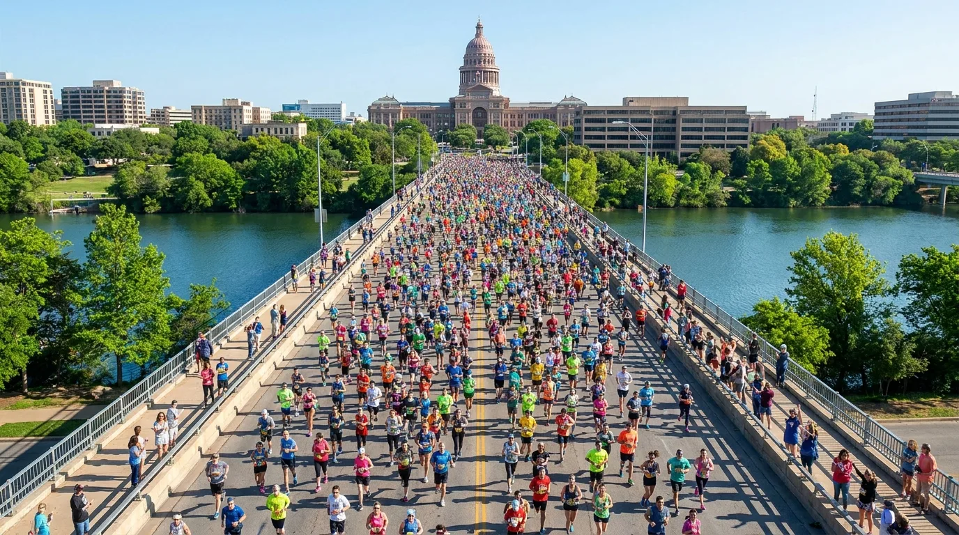 Thousands of runners crossing the Congress Avenue bridge over Lady Bird Lake toward the Texas Capitol on a sunny morning
