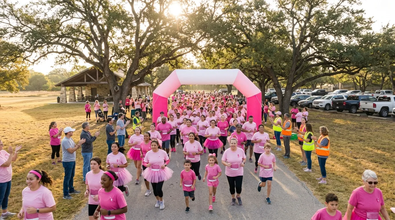 Runners and walkers in pink shirts and pink ribbons crossing a 5K start line on a sunny fall morning