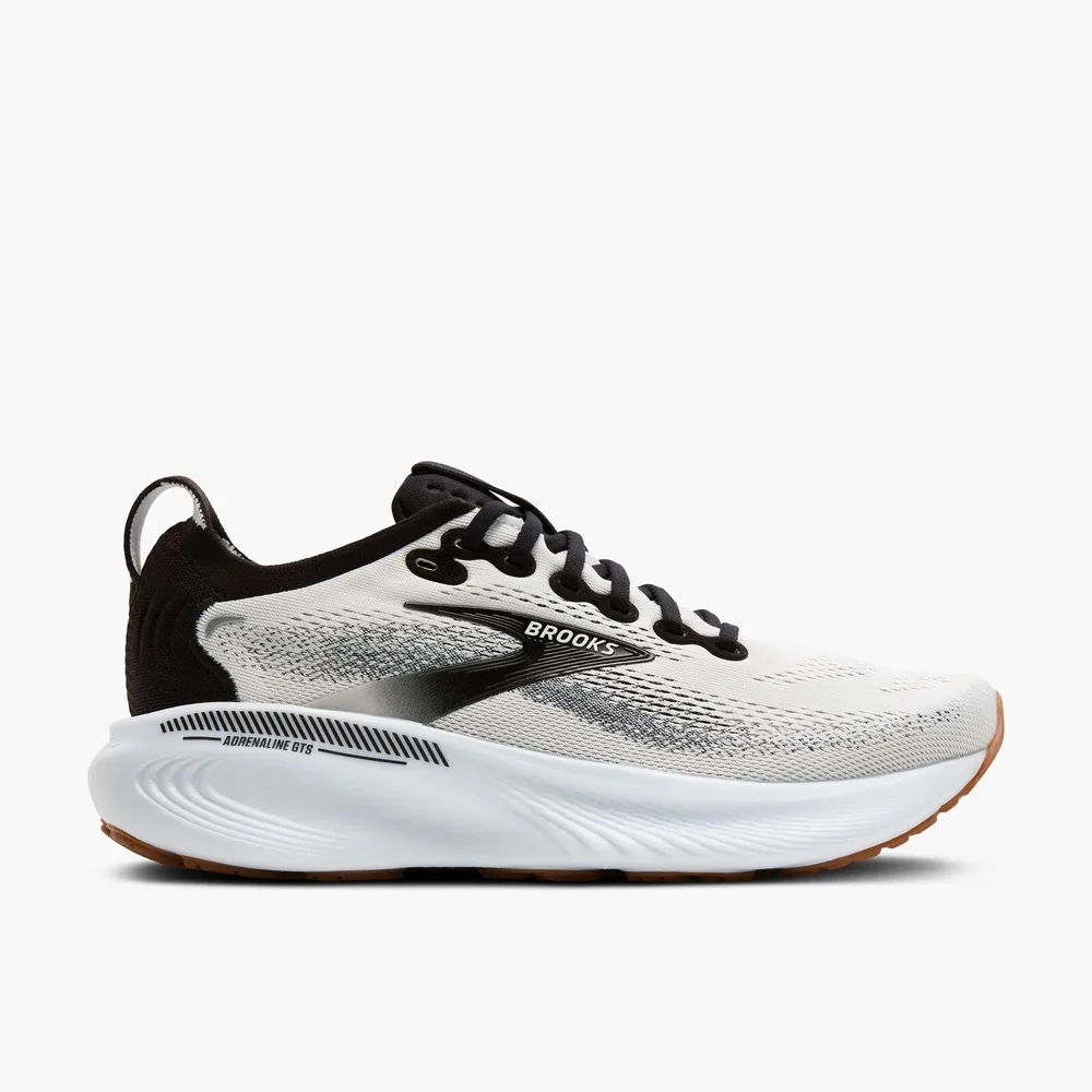 Brooks Adrenaline GTS 25 men’s in white with black laces and heel and a gum rubber outsole, side view