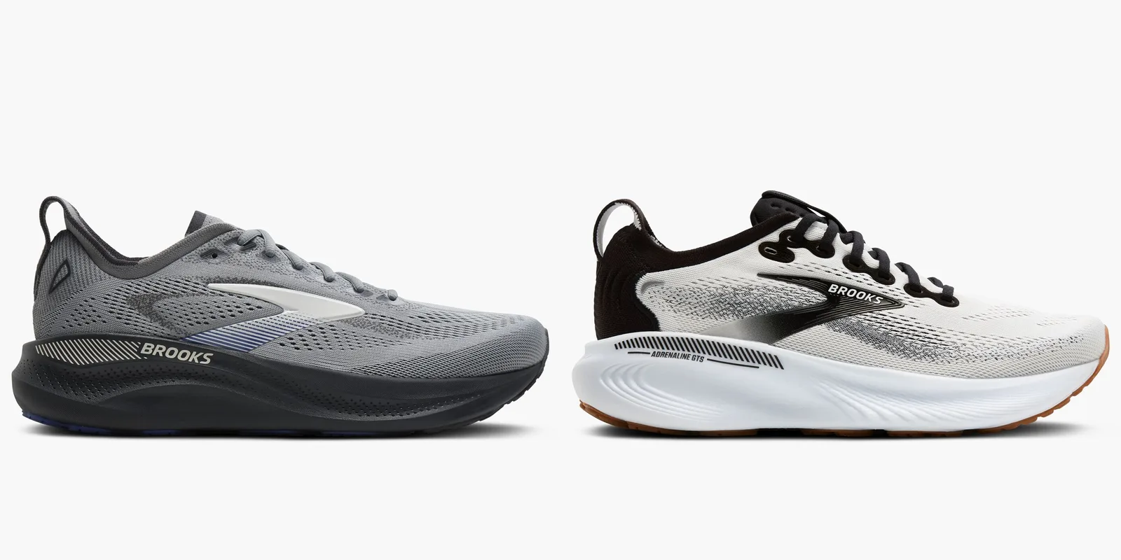 The grey and black Brooks Adrenaline GTS 26 beside the white and black Brooks Adrenaline GTS 25 with a gum outsole
