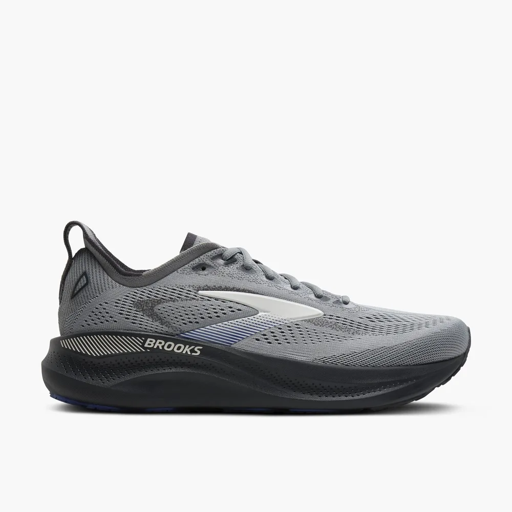 Brooks Adrenaline GTS 26 men’s in Primer grey with a black midsole and blue outsole accents, side view