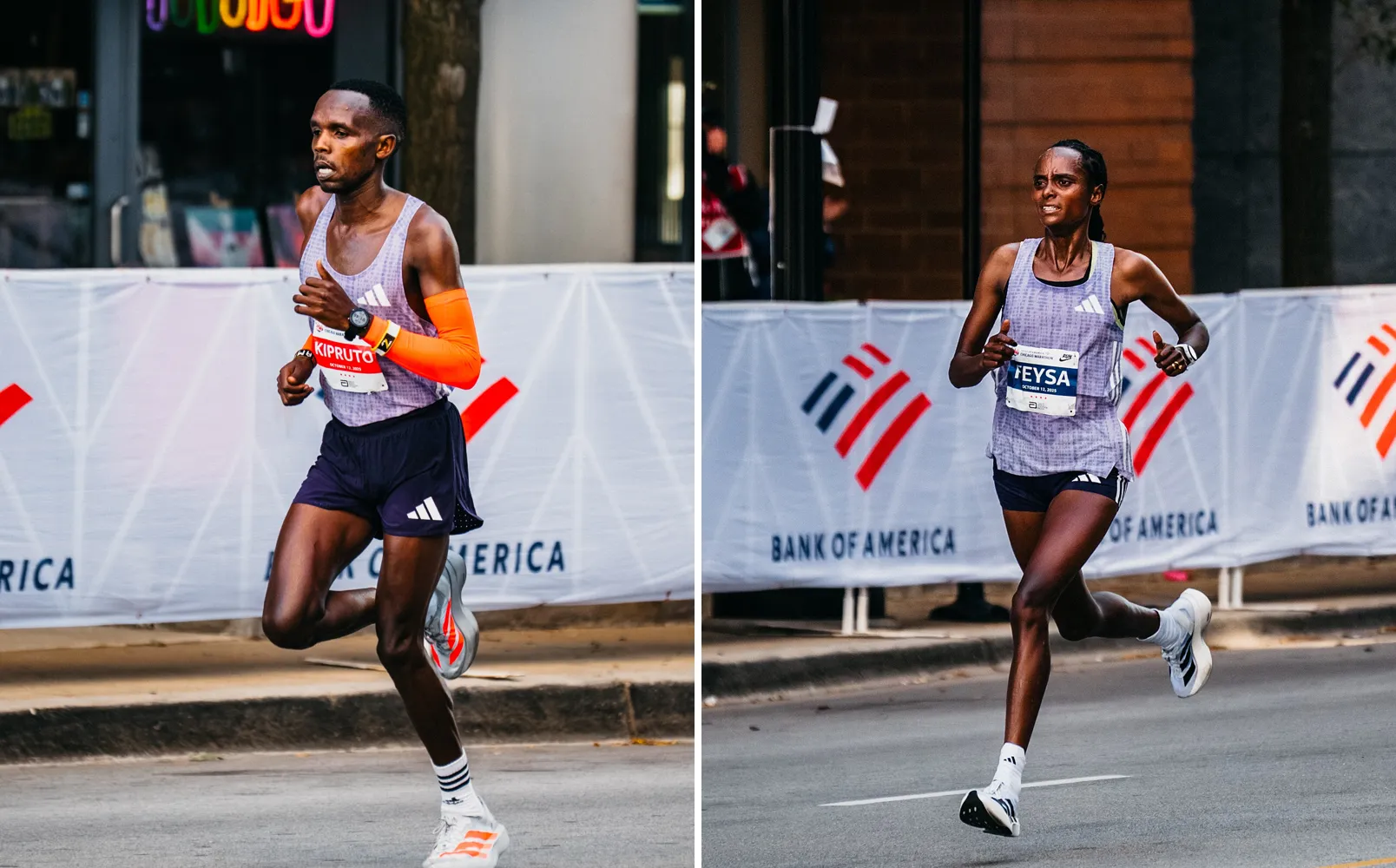Amos Kipruto and Hawi Feysa, side by side, each running past Bank of America barriers at mile 25 of the 2025 Chicago Marathon