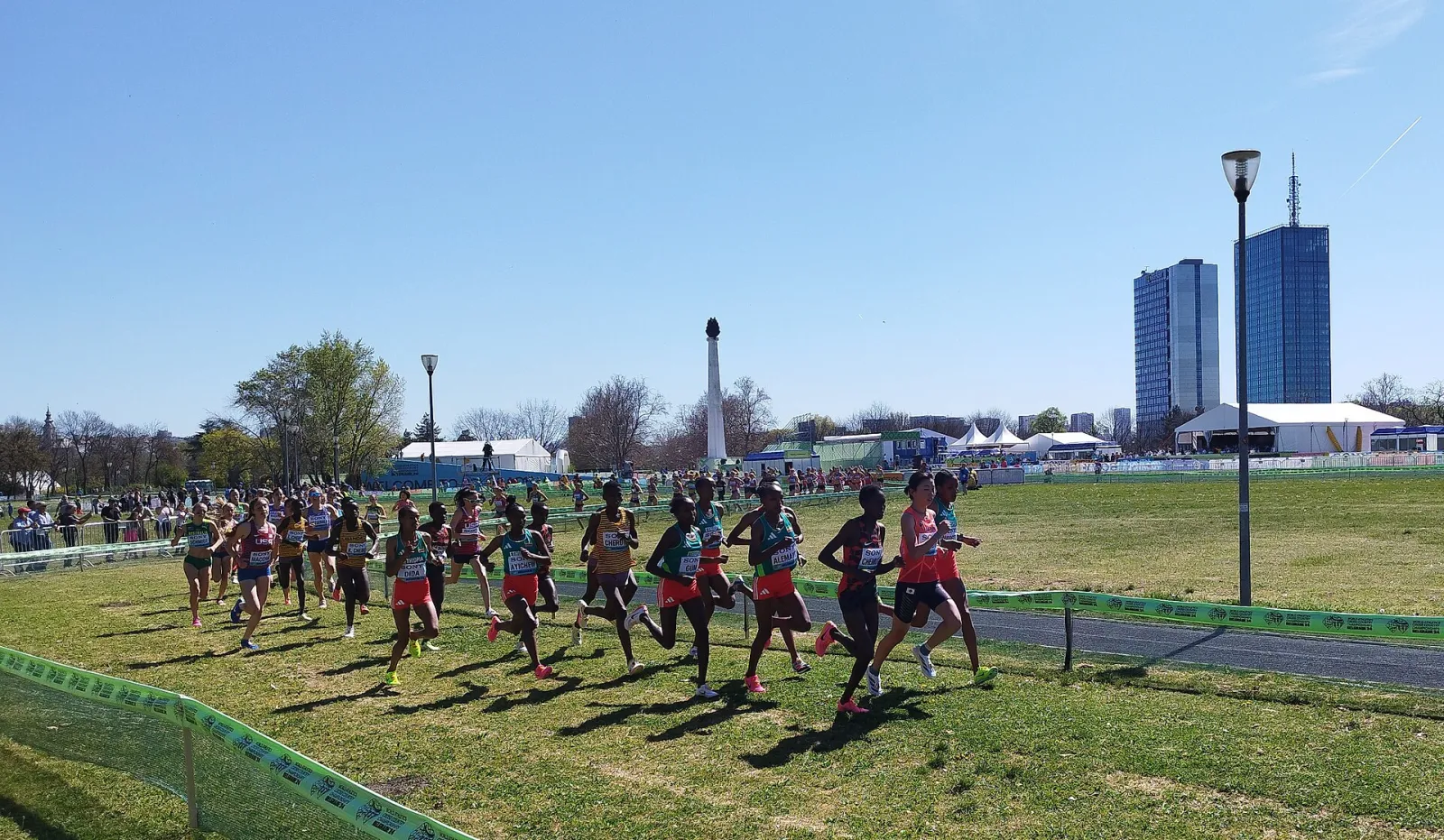 A pack of cross country runners in national team kits races across a grass course under a clear blue sky, with spectators along the fencing