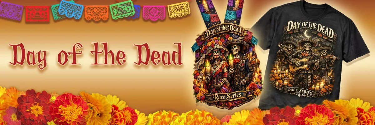 Day of the Dead Half Marathon banner showing the finisher medal and race shirt with papel picado and marigolds