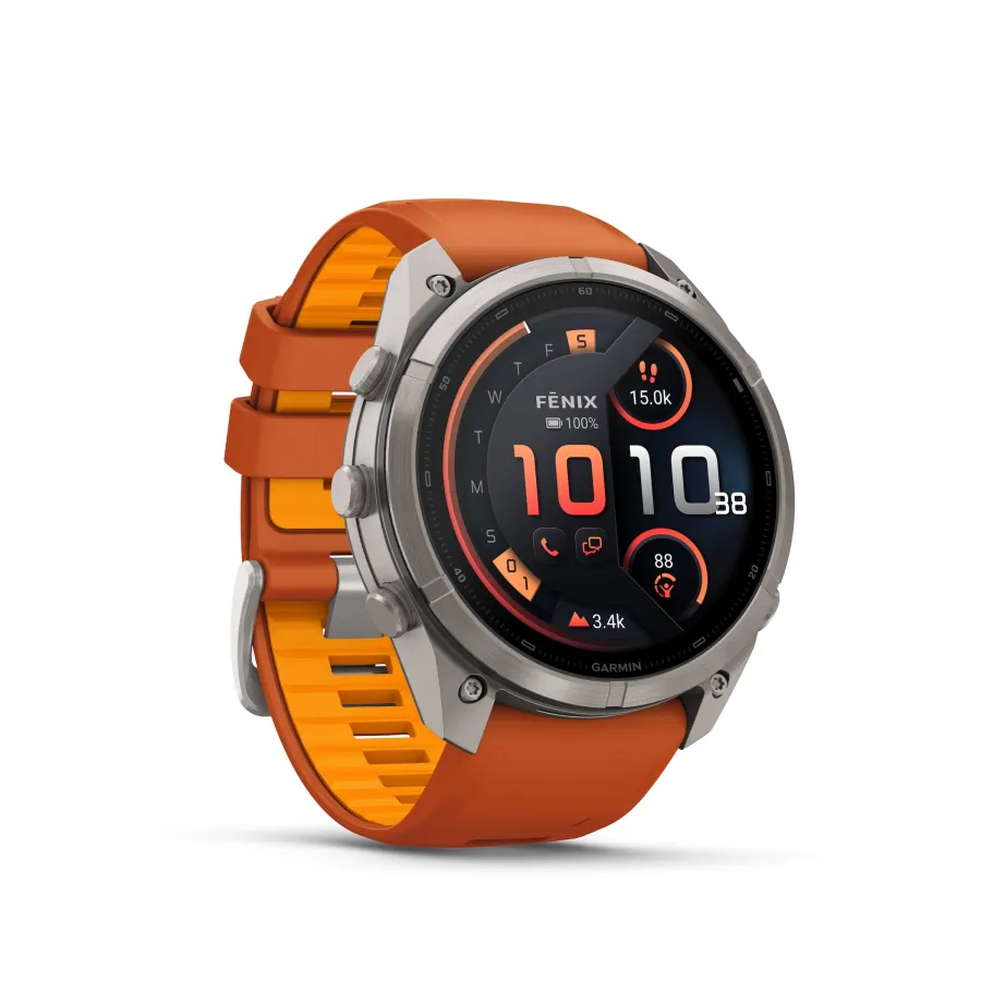 Garmin fēnix 9 Pro in titanium with an orange accent