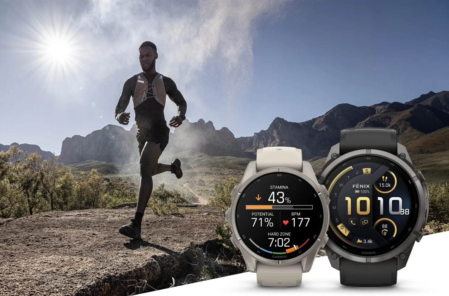 A trail runner in rocky mountain terrain beside two Garmin fēnix 9 watches showing training data