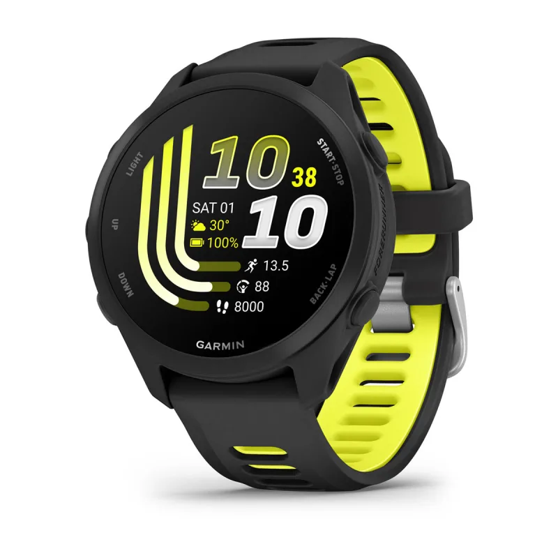 Garmin Forerunner 170 in black with a black and amp yellow band, showing a time and activity watch face