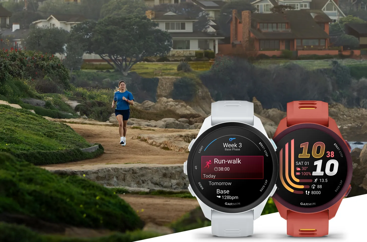 A runner on a coastal dirt path behind a white Garmin Forerunner showing a run-walk workout and a coral Forerunner showing the time