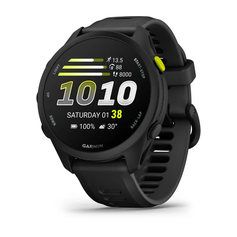 Garmin Forerunner 70 in black with a black band, showing a time and step-count watch face