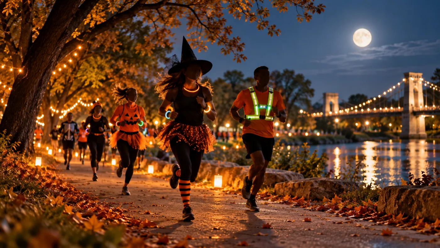 Costumed runners on a warmly lit nighttime trail for a Texas Halloween race illustration