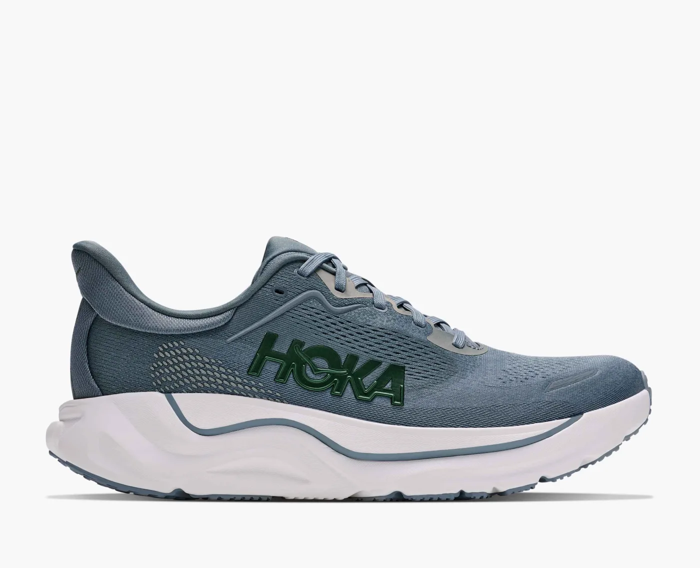 Hoka Arahi 9 in washed blue and slate blue with a white midsole, side view