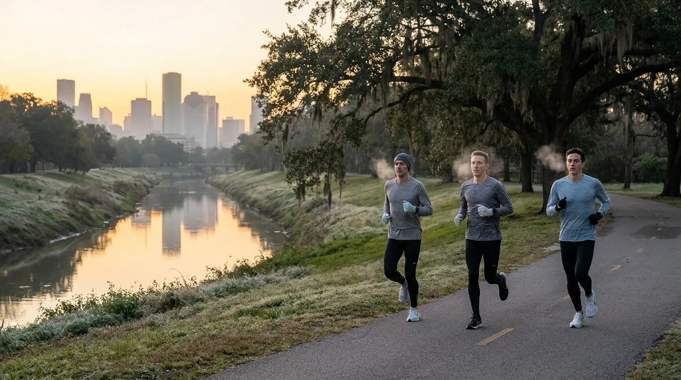 Runners in long sleeves on a bayou-side trail at sunrise with the Houston skyline in the distance