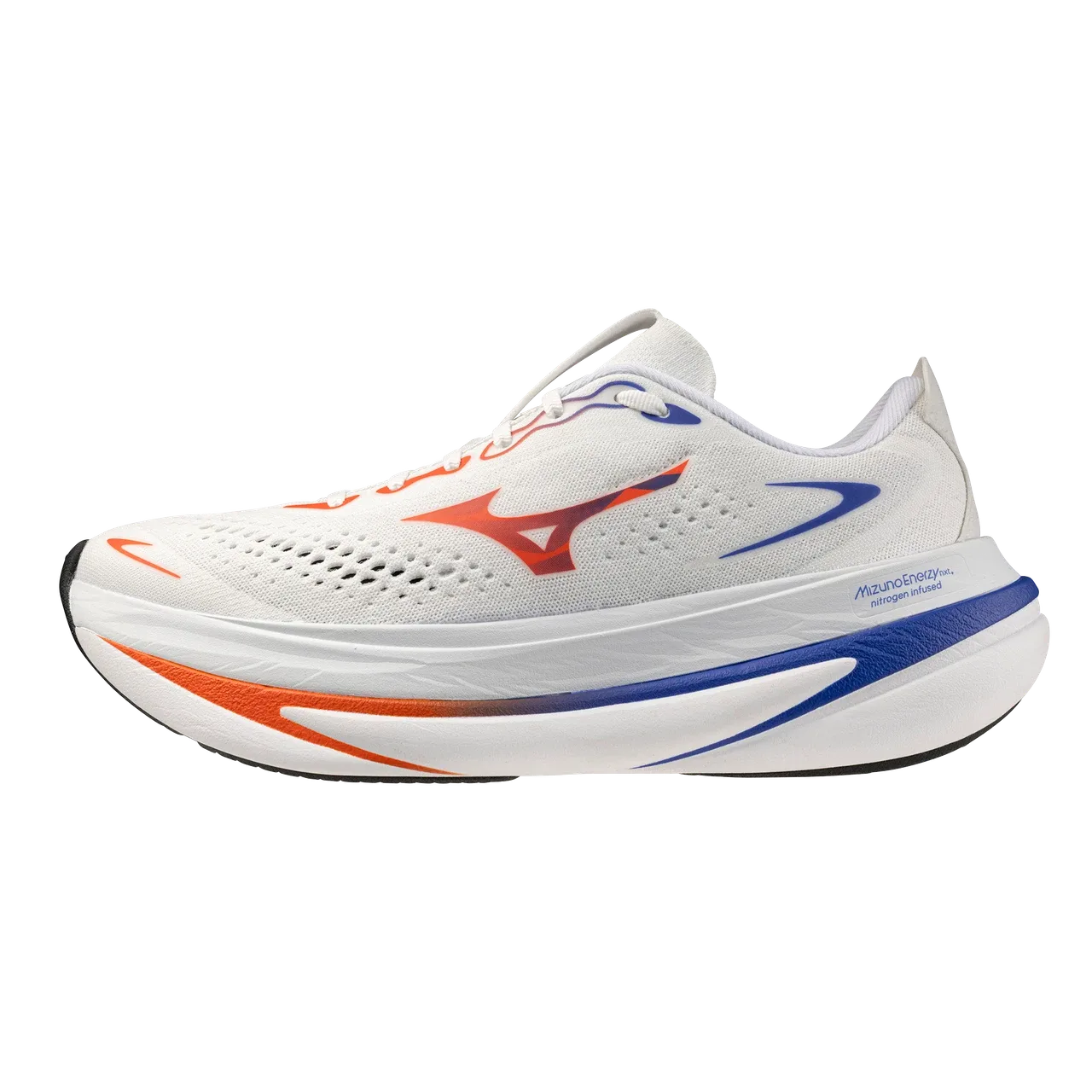 Mizuno Sky Prime in white with orange and blue accents and a thick two-layer midsole, side view