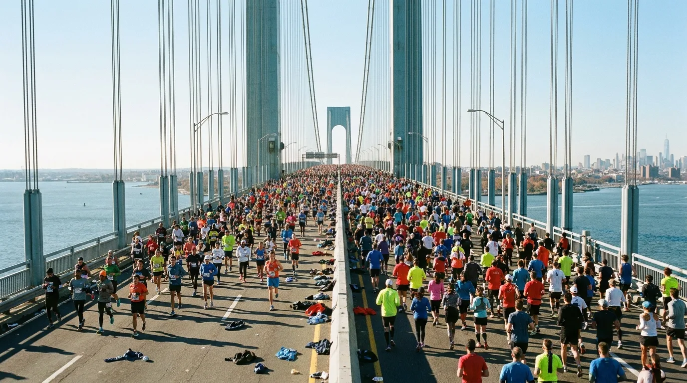Thousands of runners crossing the Verrazzano-Narrows Bridge at the start of the New York City Marathon on a sunny morning