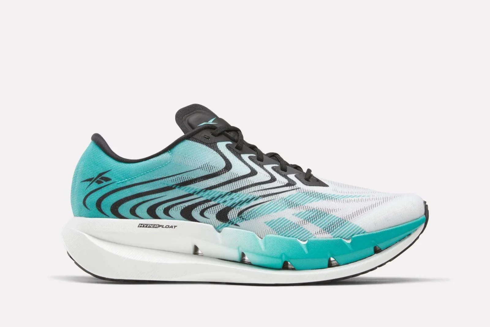 Reebok SpeedShifter running shoe, side profile, teal-to-white upper with black wave lines and a white HyperFloat midsole