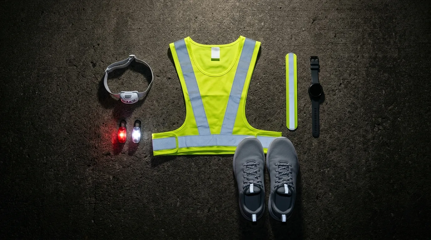 Night running visibility gear laid out on a driveway: reflective vest, headlamp, red and white clip lights, reflective band and shoes with reflective heel tabs