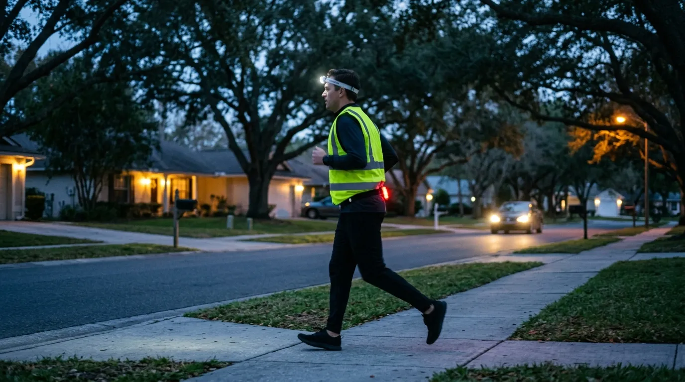 A runner in a neon reflective vest, headlamp and red rear clip light runs on a suburban sidewalk at dusk as a car approaches with headlights on