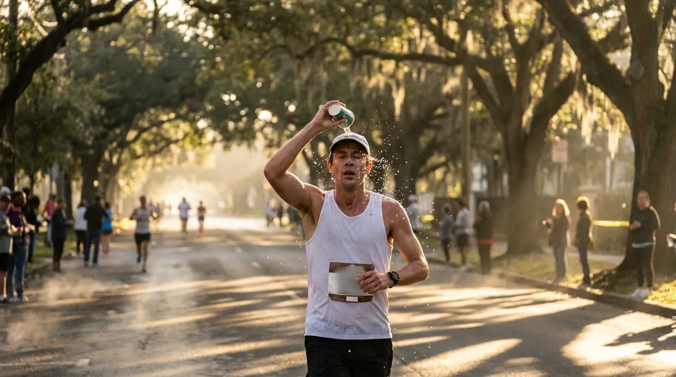 A runner in a singlet pours a cup of water over their head on a sunny city street lined with live oaks