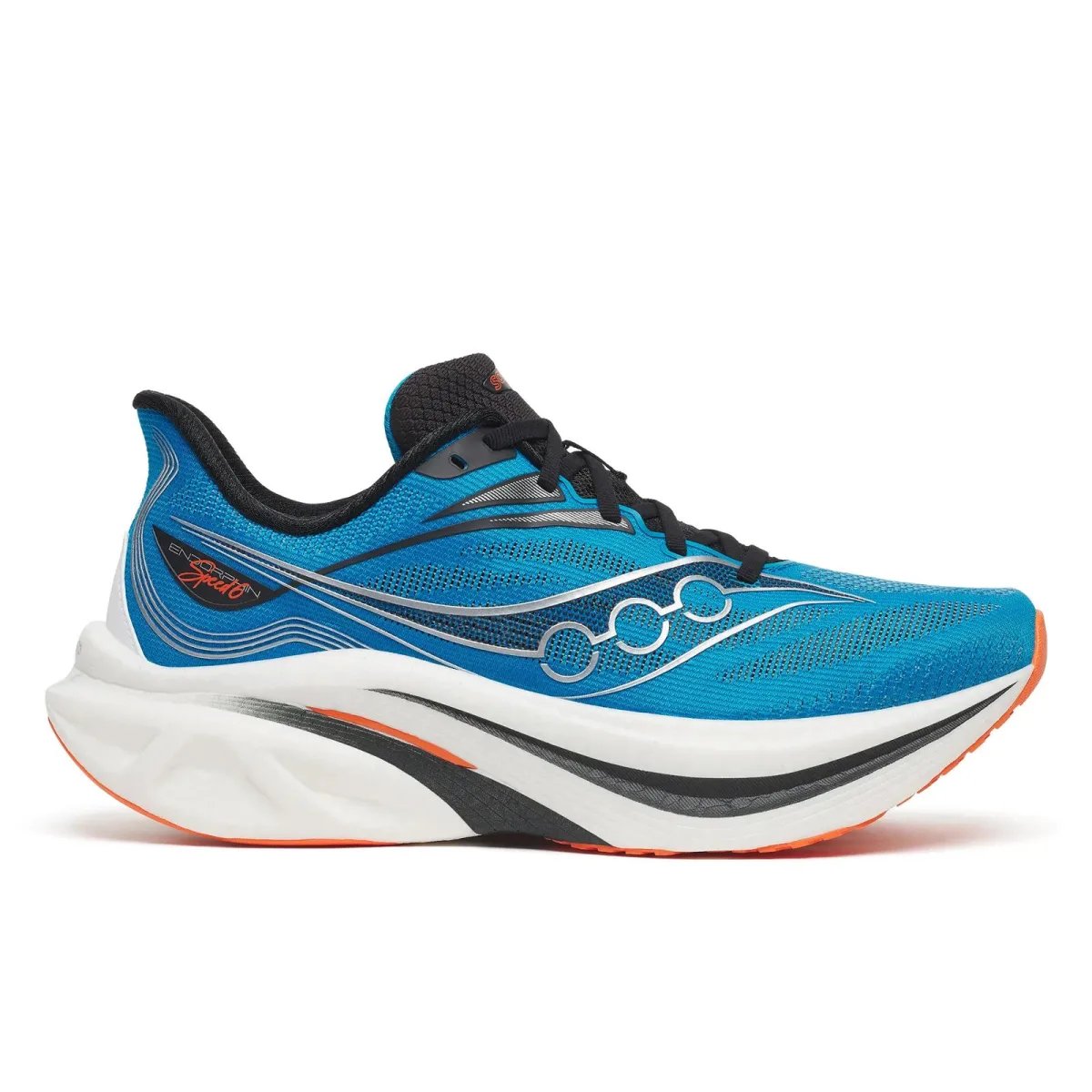 Saucony Endorphin Speed 6 in blue with a white midsole and orange outsole, side view