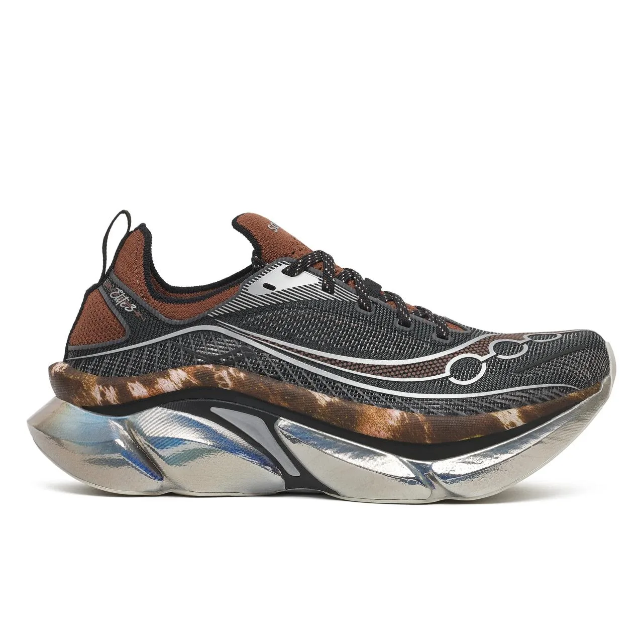 Saucony Endorphin Elite 3 Space Cowboy shoe in a black, chrome and white colorway
