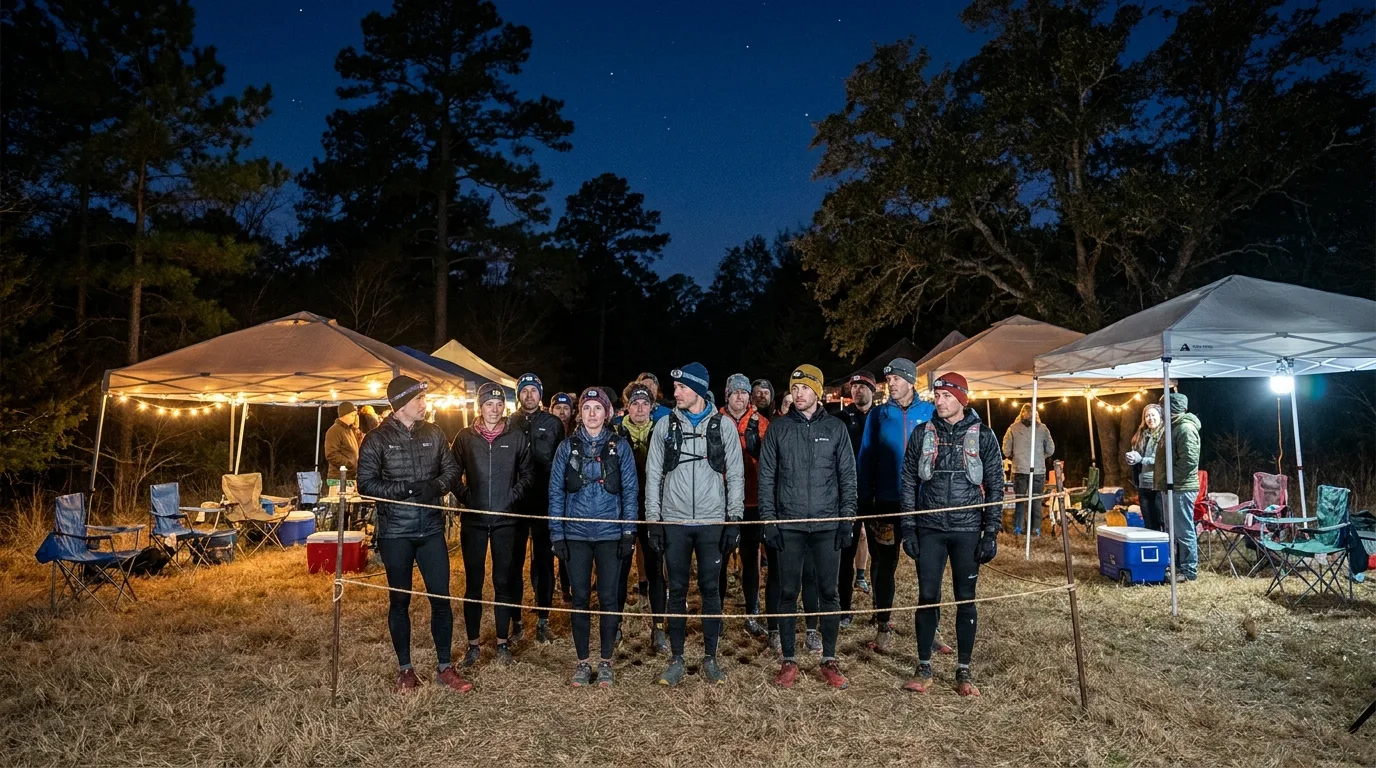 Trail runners standing in a roped start corral at night with crew tents and string lights behind them