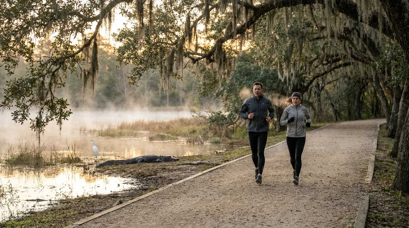 Two runners on a flat gravel trail under moss-draped live oaks beside a misty marsh, with an alligator resting on the bank