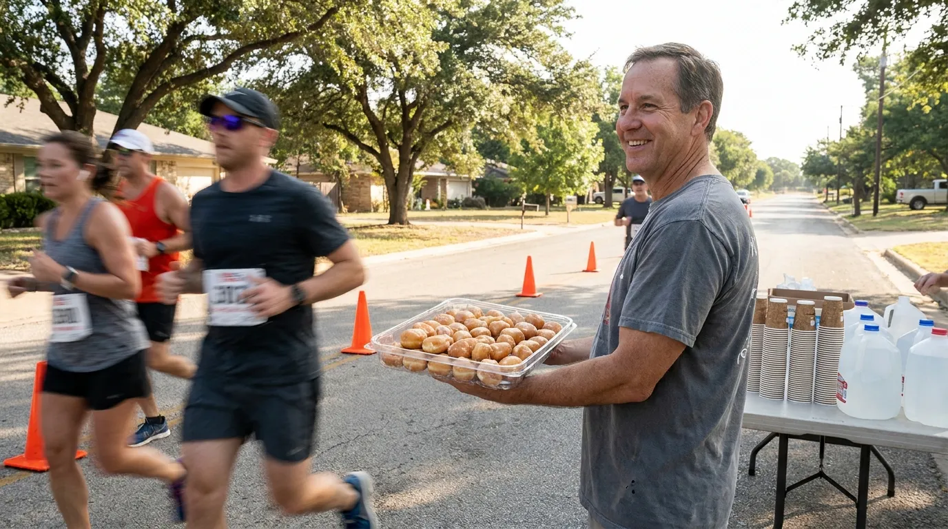 A volunteer holds out a tray of donut holes to passing runners at a roadside aid station