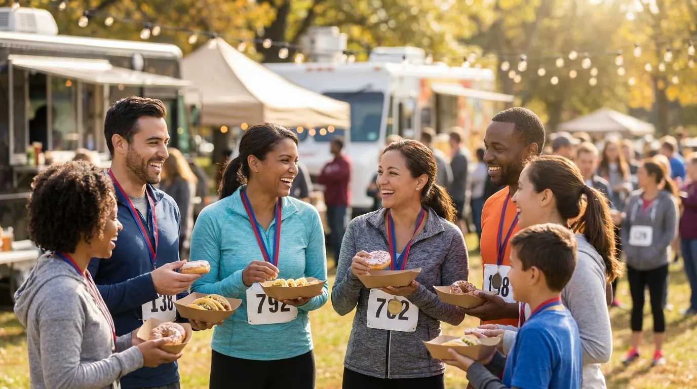 Runners in race bibs laugh at a post-race food festival, holding tacos and donuts under string lights