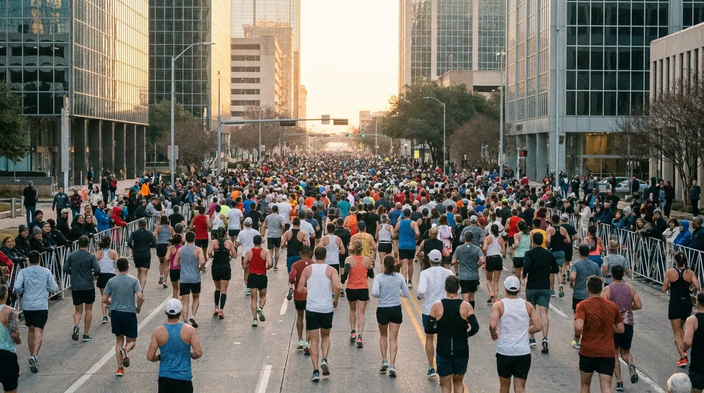 Thousands of marathon runners fill a downtown avenue between glass towers at sunrise