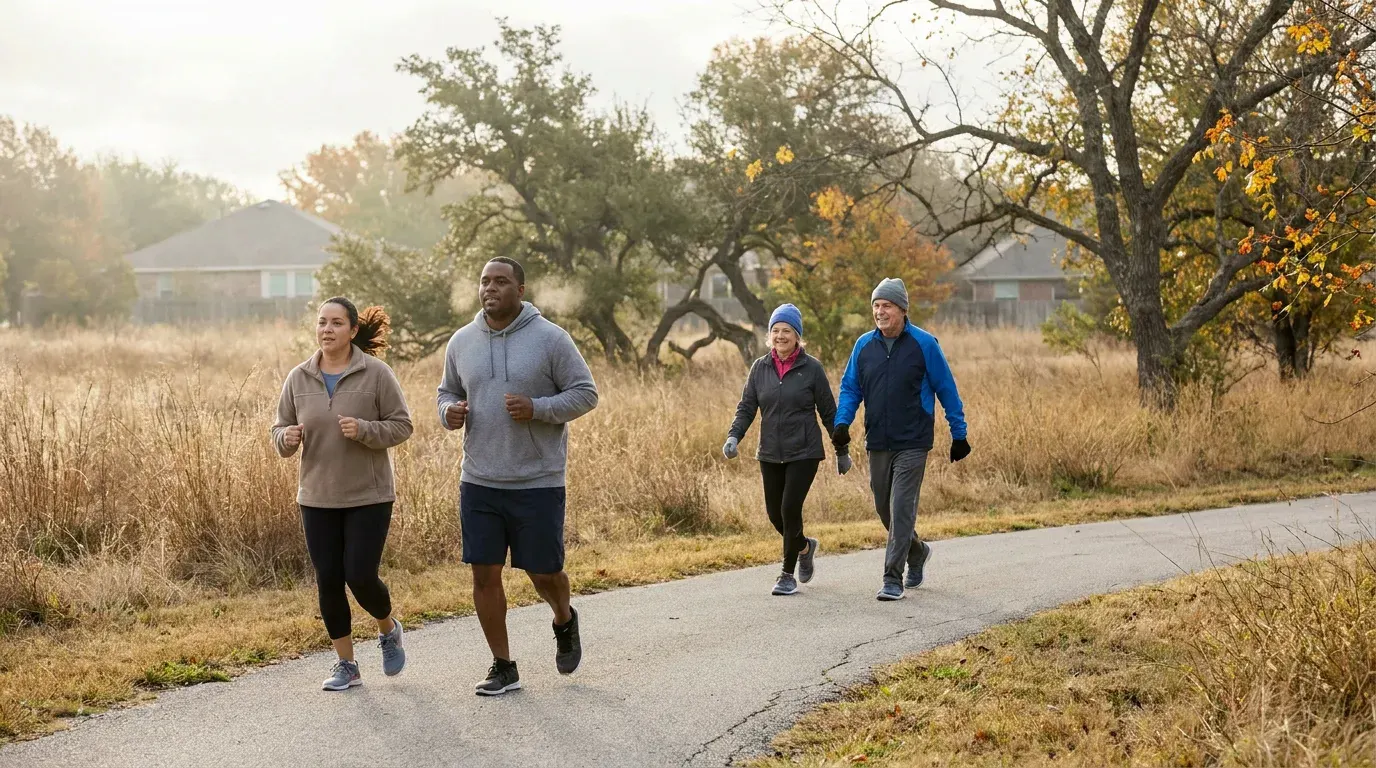 Four runners on a paved park trail in autumn: two jog in front while two walk briskly behind