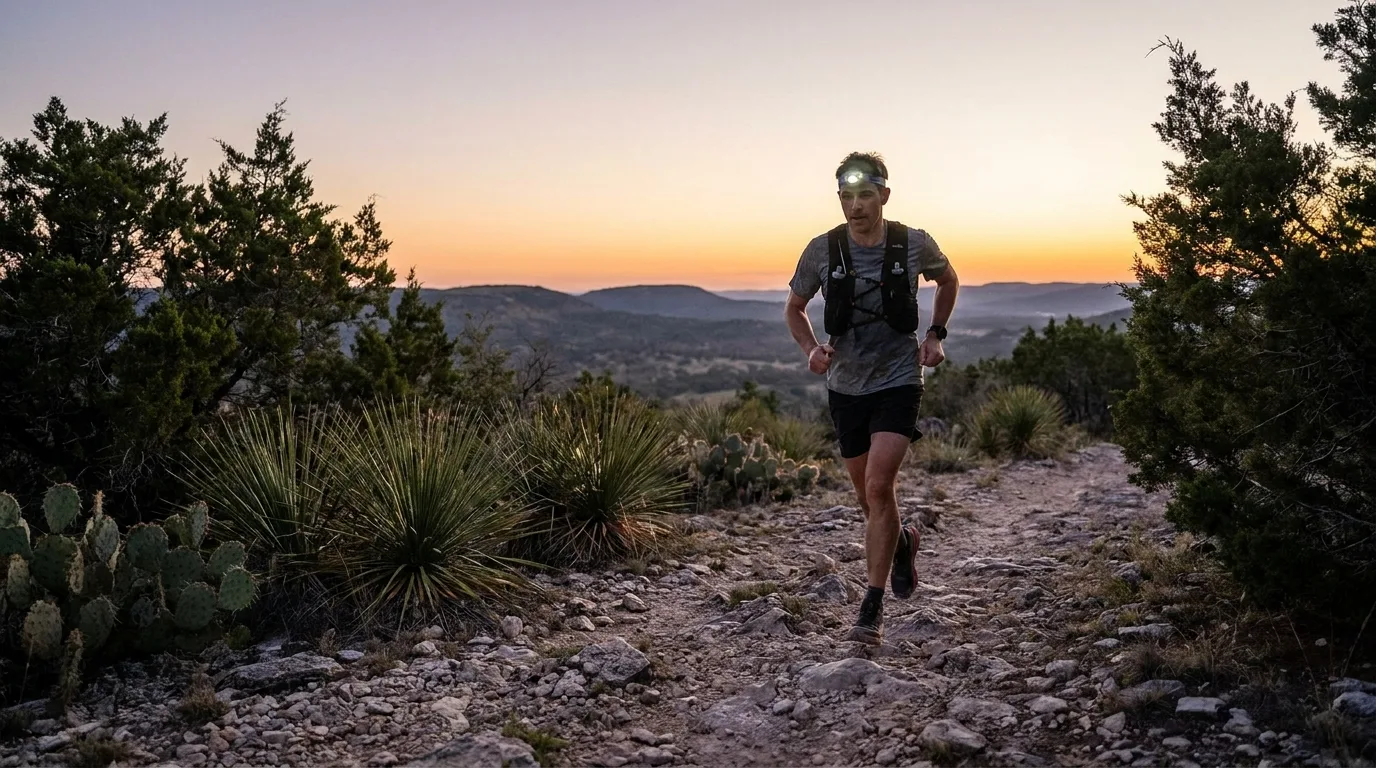 A trail runner wearing a headlamp and running vest on a rocky Hill Country trail at dawn, with sotol and prickly pear beside the path