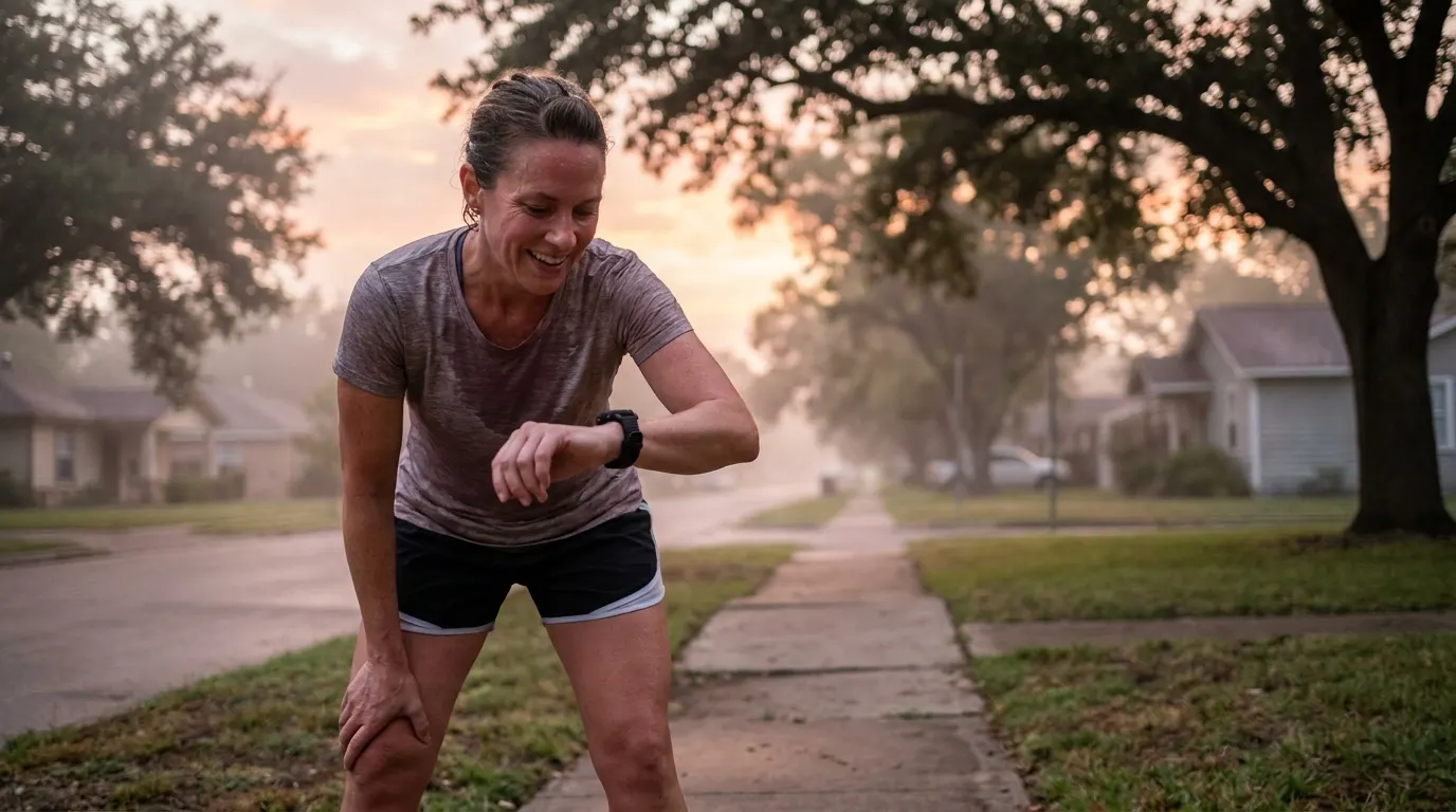 A runner on a Texas neighborhood sidewalk at dawn checks her GPS watch after a training run