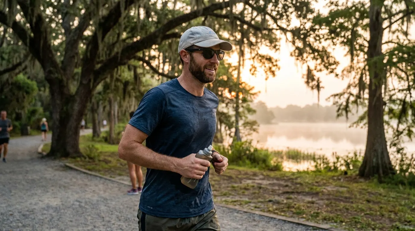 A runner in a cap and sunglasses jogs easily on a shaded lakeside trail under live oaks on a humid morning