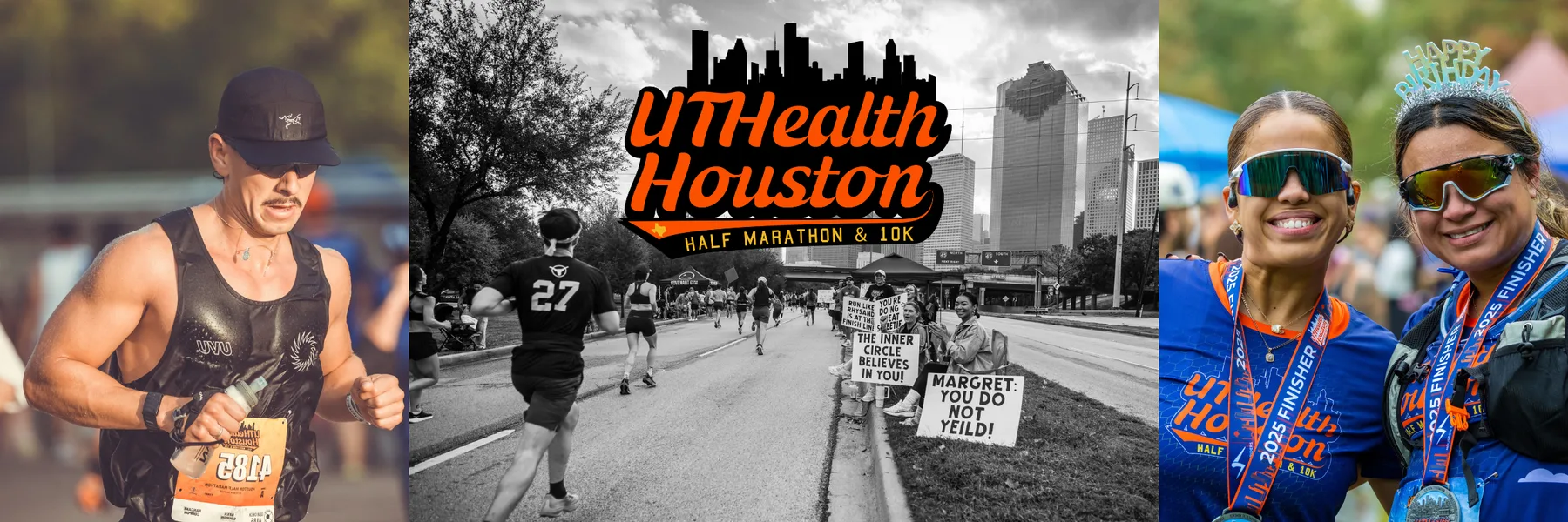 Collage of runners from the UTHealth Houston Half Marathon, including a black-and-white shot of the course with the Houston skyline and two 2025 finishers wearing medals
