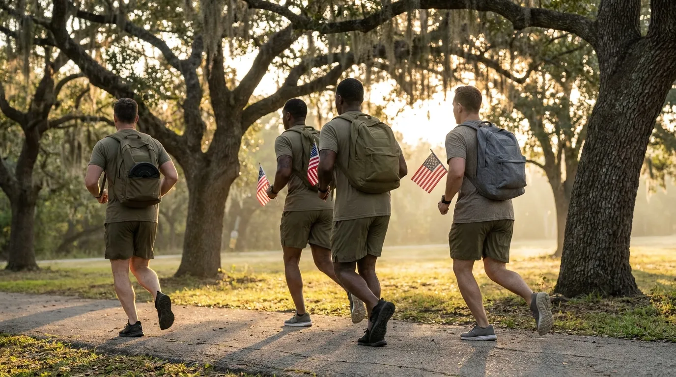 Runners and ruck marchers with rucksacks and small American flags on a park trail at sunrise